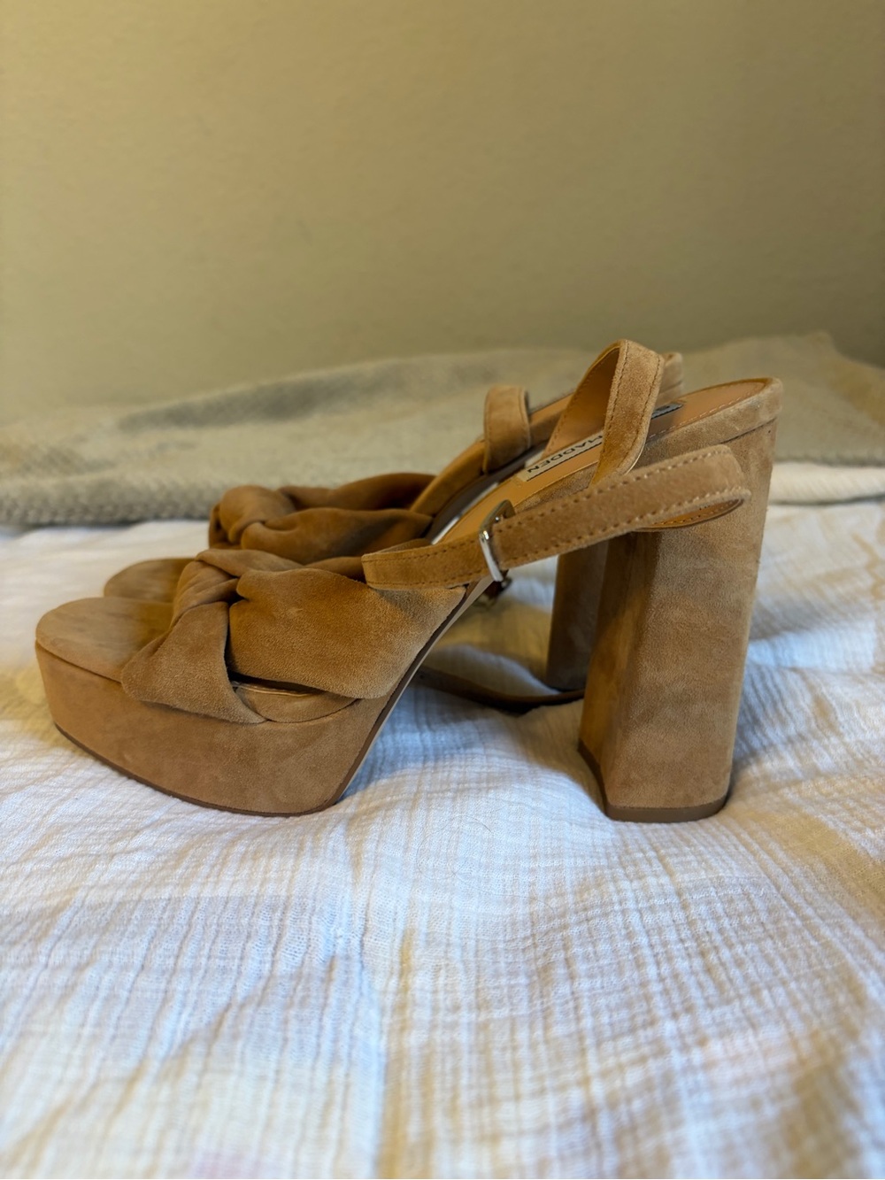 Platform Suede Knot Block Heel Sandals in Tan. Heel measures 5 inches. Size 9M.